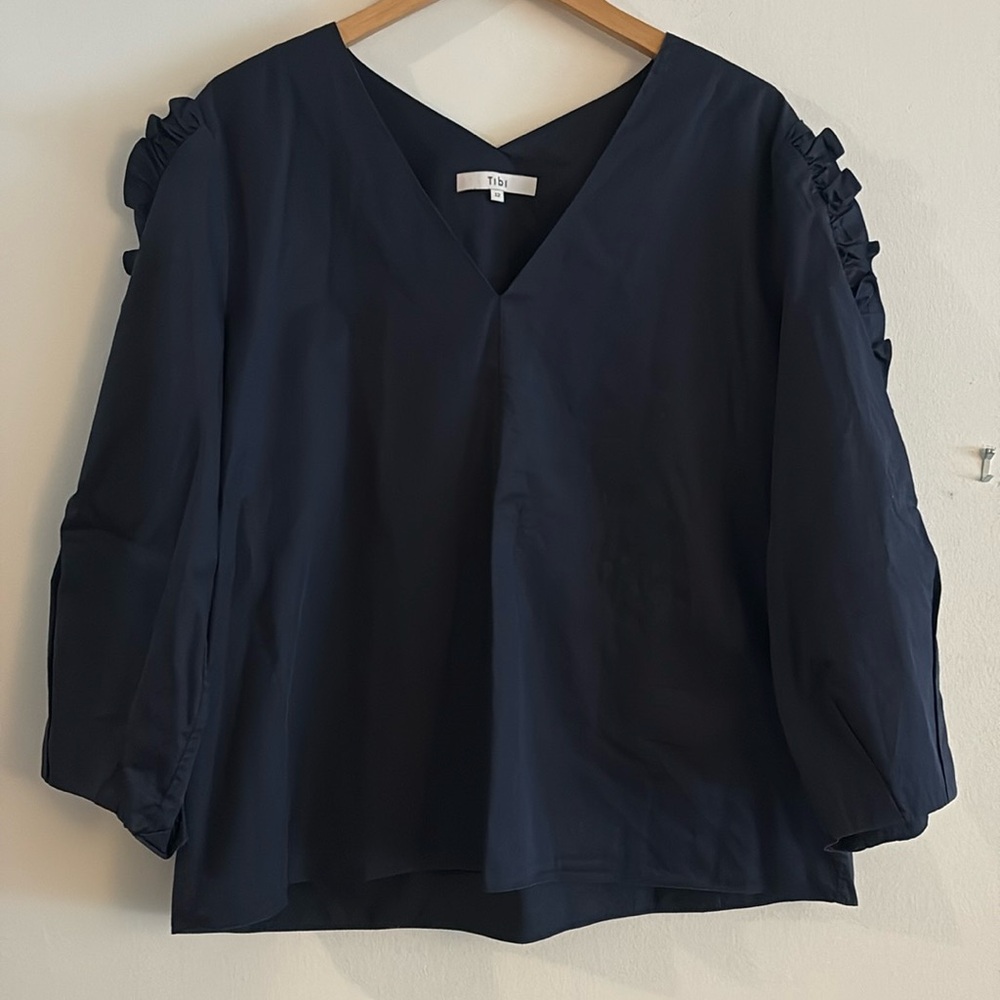 Tibi Navy Ruffle Sleeve Top